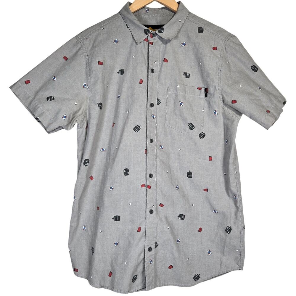 EMPYRE SURPLUS CO Mens Gray Short Sleeve Button Up Shirt With Drink Print Size M